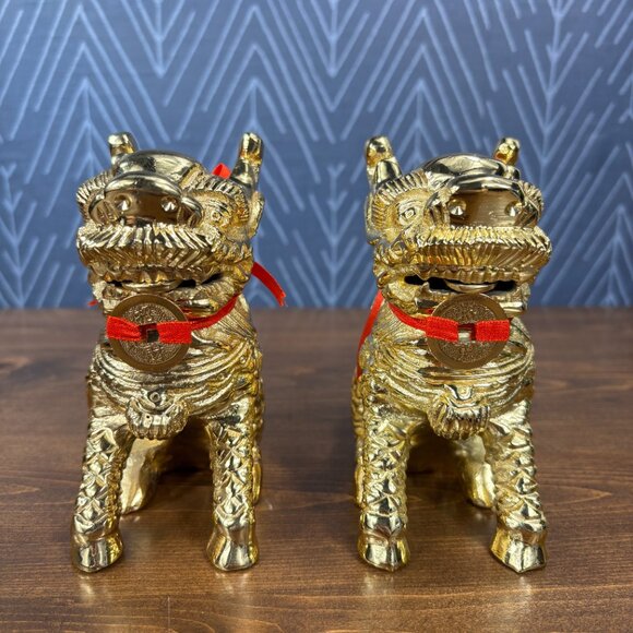 Gold Pixiu Statues Feng Shui Decor Pair of Chinese Dragon Lion Guardian Figures - Picture 2 of 14